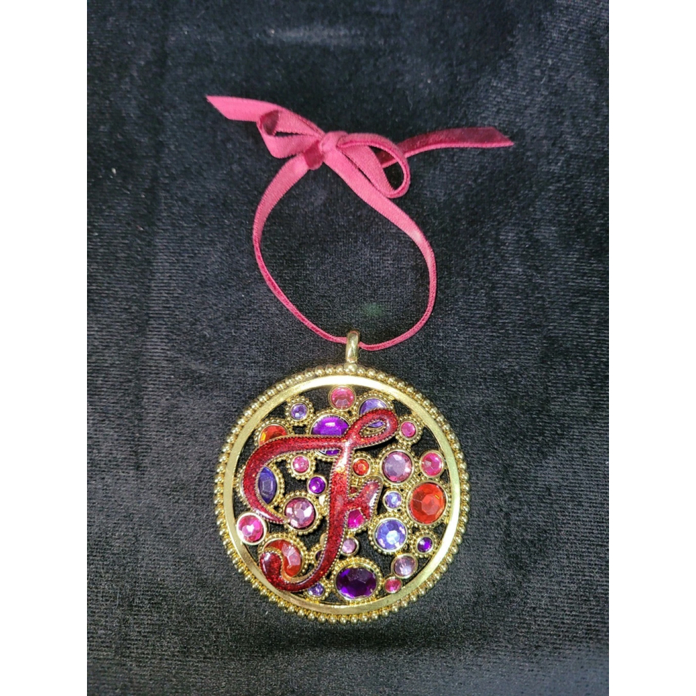 Jeweled Letter F Hanging Ornament Gold Tone Rhinestone Initial Decor Monogram